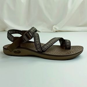 Chaco Women's Size 10 Hiking Sandals Black/Tan Strap Brown Footbed Eco Tread